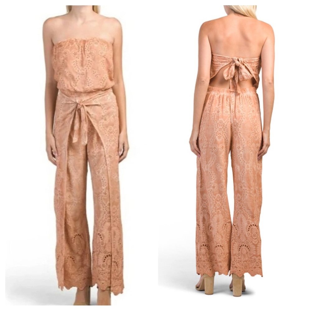 Young Fabulous & Broke Ellis Strapless Eyelet Jumpsuit in Mesa Oil Wash Boho